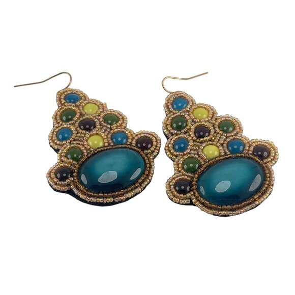 Bohemian Beaded Teardrop Earrings With Multicolored Stones & Gold Accents - Picture 6 of 6